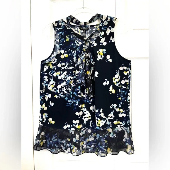 Ellen Tracy Blue Trellis Blossom Ink Tie Neck Top Sleeveless sz Large - Picture 10 of 15